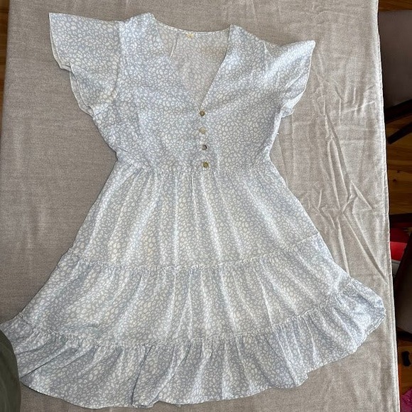 Blue Mini Dress White Abstract Print Summer Short Sleeve Casual - Picture 1 of 10
